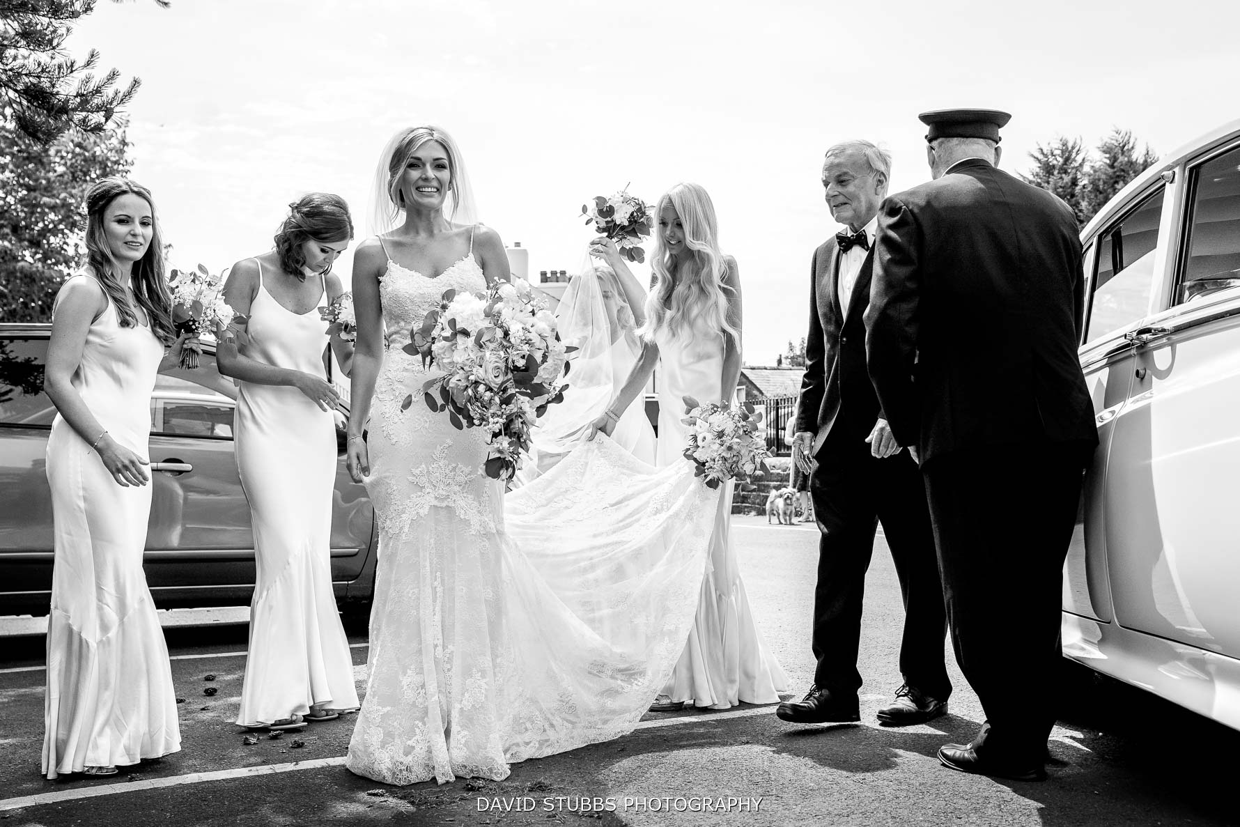 low angle of the wedding party on arrival